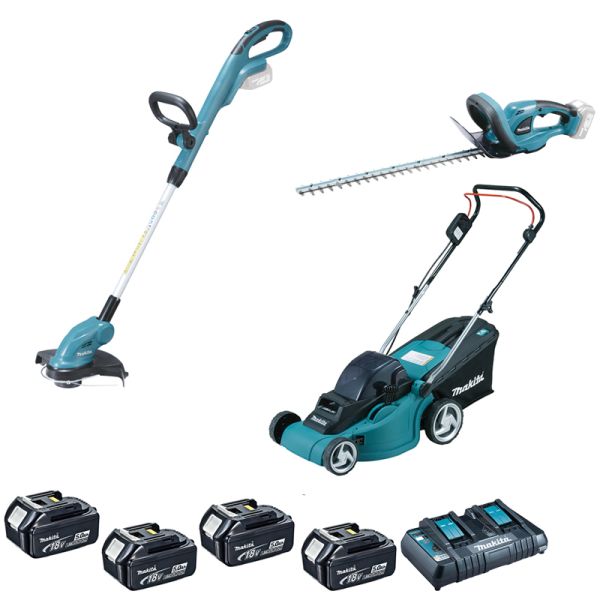Makita Garten Super Set DLM380 + DUR181 + DUH523 4x 5Ah - Akku Rasenmäher Rasentrimmer Heckenscher