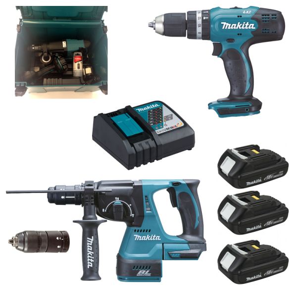 Makita Set DHR243 + DHP453 3 x Akku + Lader - Akku Kombihammer + Bohrschrauber