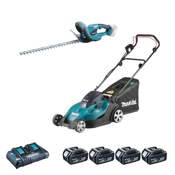 Makita Garten Set DLM431+ DUH523 4x 4Ah + Doppel-Schnellladegerät - Akku Rasenmäher Heckenschere