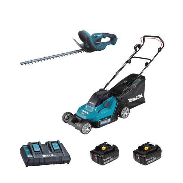 Makita Garten Set DLM432 + DUH523 2 x 5,0 Ah + Doppel-Schnellladegerät - Akku Rasenmäher Heckenscher