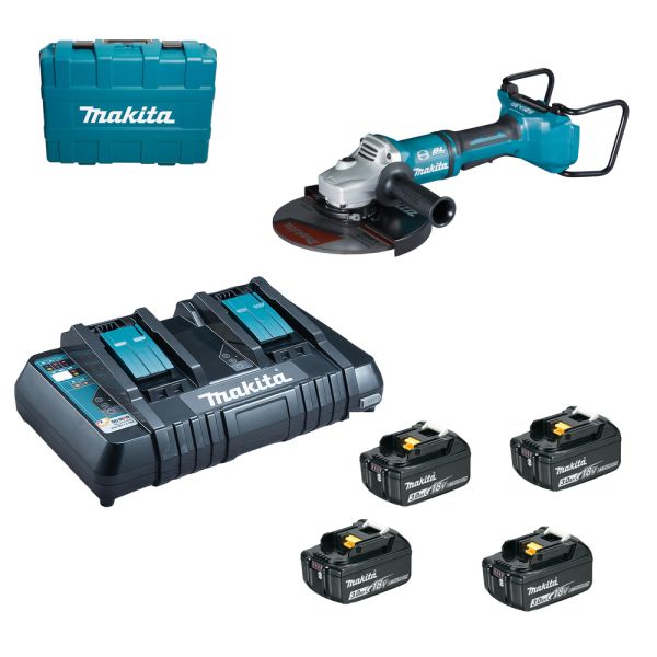 Makita DGA900PF4 4 x 3,0Ah + Doppellader DC18RD - Akku Winkelschleifer 2x18 V 230 mm