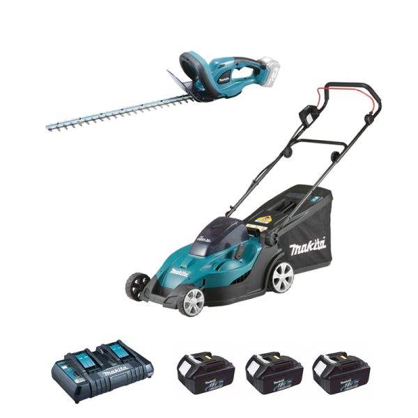 Makita Garten Set DLM431+ DUH523 3x 3Ah + Doppel-Schnellladegerät - Akku Rasenmäher Heckenschere