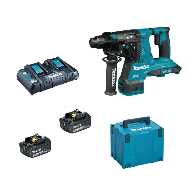 Makita DHR280PF2J 2 x 3,0 Ah + Doppellader DC18RD - Akku Kombihammer 28 mm 2 x 18 V