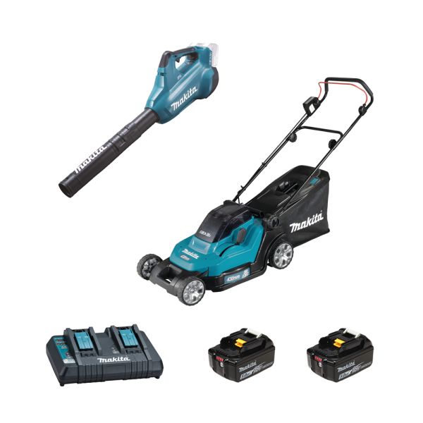 Makita Garten Set DLM432 + DUB362 2 x 5,0 Ah + Doppel Schnellladegerät - Akku Rasenmäher Gebläse