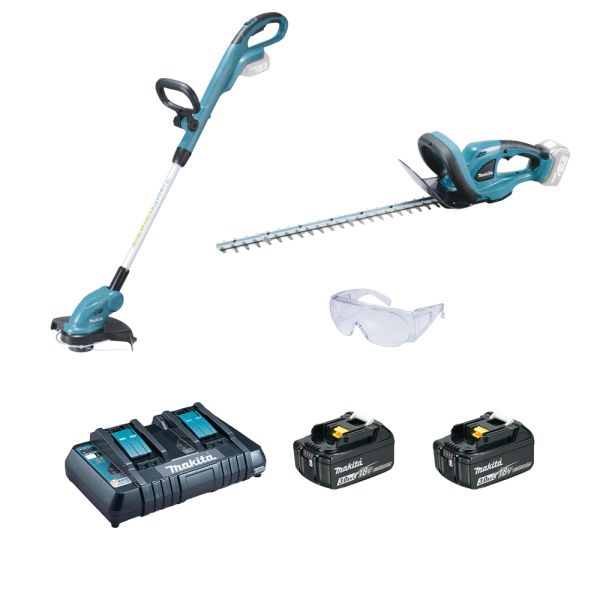 Makita Garten Set DUR181 + DUH523 2 x 3,0 Ah + Doppel-Schnellladegerät- Akku Rasentrimmer Heckensche