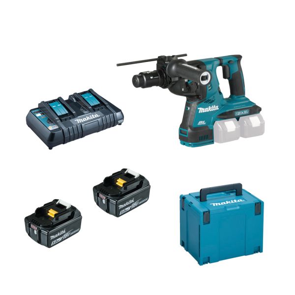 Makita DHR281PT2J 2 x 5,0 Ah + Doppellader DC18RD - Akku Kombihammer 28 mm mit Wechselfutter