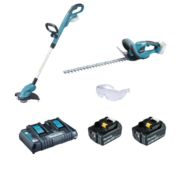 Makita Garten Set DUR181 + DUH523 2 x 5,0 Ah + Doppel-Schnellladegerät - Akku Rasentrimmer Heckensch