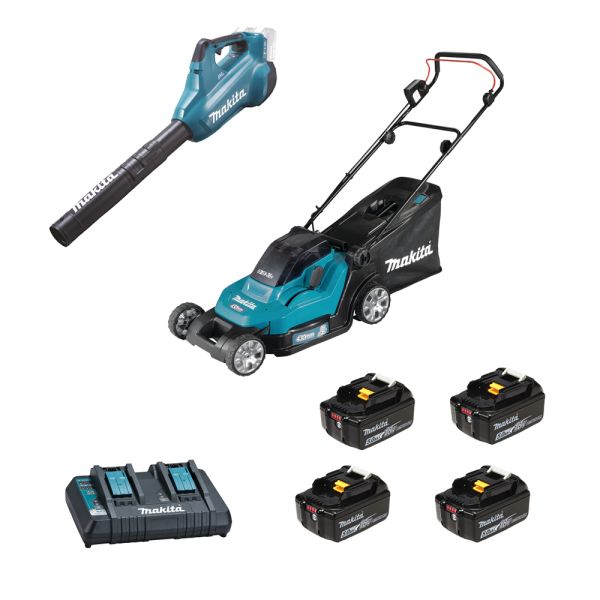 Makita Garten Set DLM432 + DUB362 4 x 5,0 Ah + Doppel-Schnellladegerät - Akku Rasenmäher Gebläse