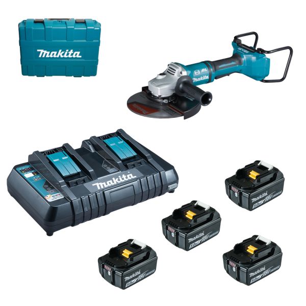 Makita DGA900PT4 4 x 5,0Ah + Doppellader DC18RD - Akku Winkelschleifer 2x18 V 230 mm