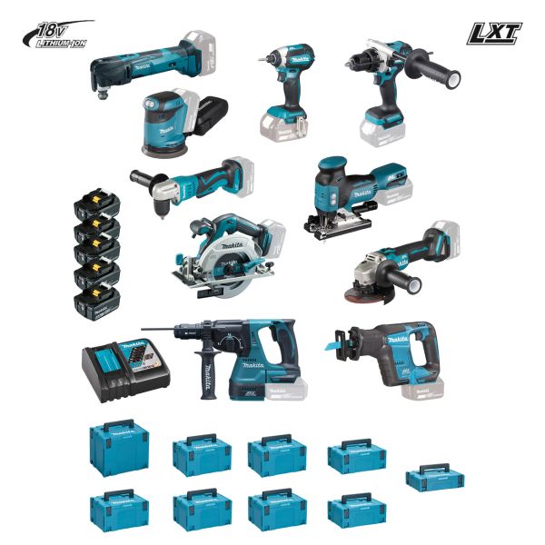 Makita Kit 1055 18V DGA506 DHR243 DHS680 DHP486 DTD153 DJV181 DDA351 DBO180 DJR188 DTM51