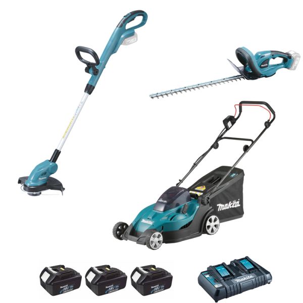 Makita Garten Super Set DLM431+ DUR181+ DUH523 3x 3Ah - Akku Rasenmäher Rasentrimmer Heckenschere