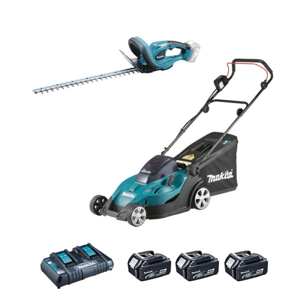 Makita Garten Set DLM431+ DUH523 3x 4Ah + Doppel-Schnellladegerät - Akku Rasenmäher Heckenschere