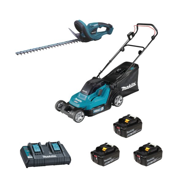 Makita Garten Set DLM432 + DUH523 3 x 5,0 Ah + Doppel-Schnellladegerät - Akku Rasenmäher Heckenscher