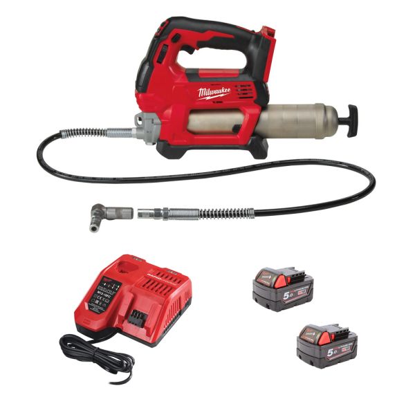 Milwaukee M18 GG-502 2 x 5,0 Ah + Ladegerät im Karton - Akku Fettpresse 18V