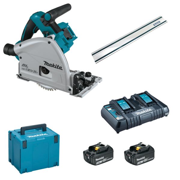 Makita DSP600PF2J1 2 x 3,0 Ah + Doppellader + Schiene - Akku Tauchsäge 2 x 18 V