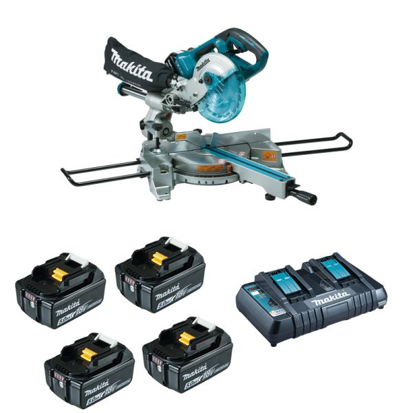 Makita DLS714NPT4 4 x 5,0 Ah + Doppel-Schnellladegerät - Akku Kapp- und Gehrungssäge 2 x 18 V