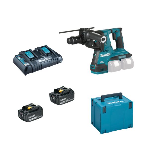 Makita DHR281PF2J 2 x 3,0 Ah + Doppellader DC18RD - Akku Kombihammer 28 mm mit Wechselfutter