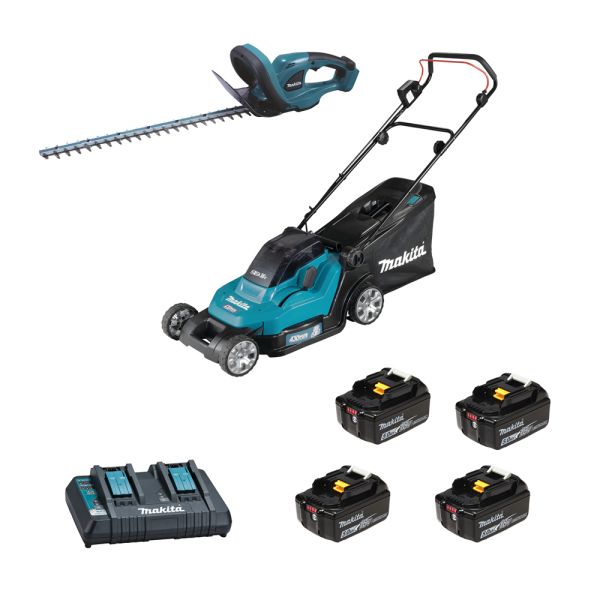 Makita Garten Set DLM432 + DUH523 4 x 5,0 Ah + Doppel-Schnellladegerät - Akku Rasenmäher Heckenscher